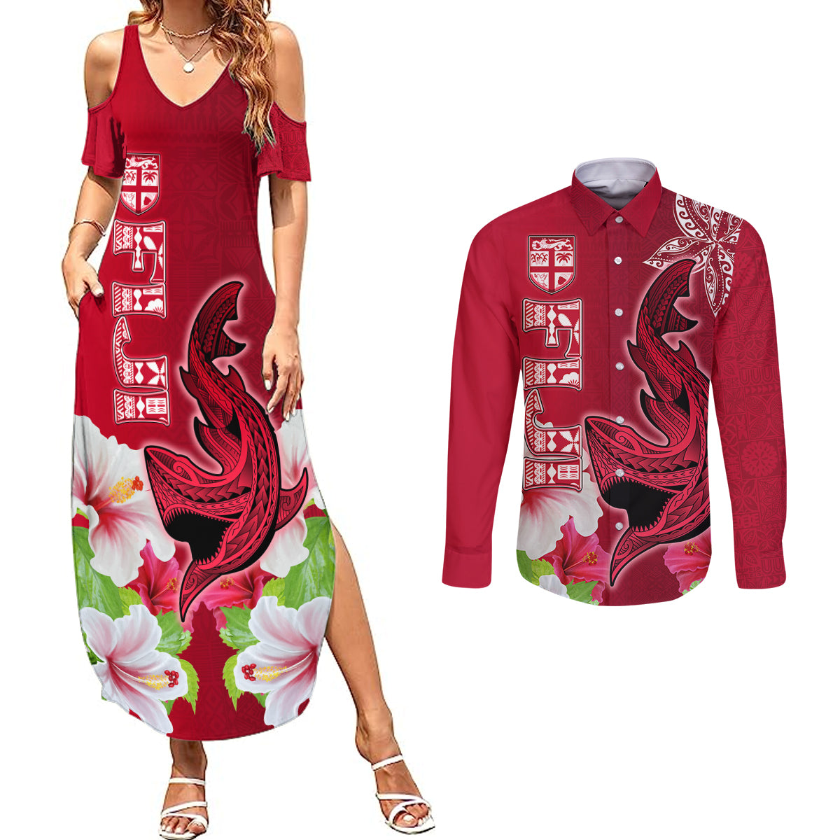 Polynesian Fiji Couples Matching Summer Maxi Dress and Long Sleeve Button Shirts Shark and Hibiscus Tapa Pattern Red Version LT03 Red - Polynesian Pride