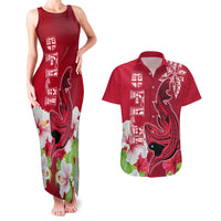 Polynesian Fiji Couples Matching Tank Maxi Dress and Hawaiian Shirt Shark and Hibiscus Tapa Pattern Red Version LT03 Red - Polynesian Pride