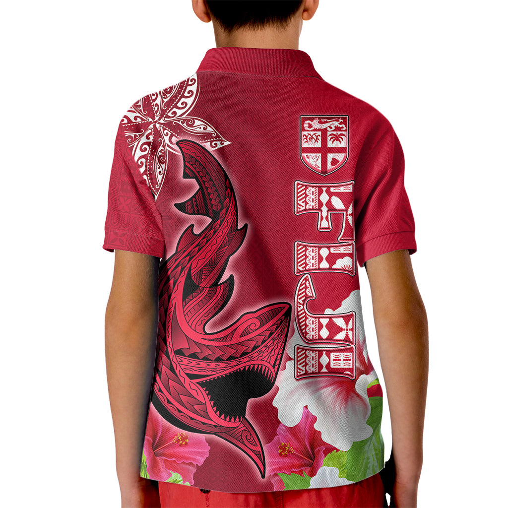Polynesian Fiji Kid Polo Shirt Shark and Hibiscus Tapa Pattern Red Version LT03 - Polynesian Pride