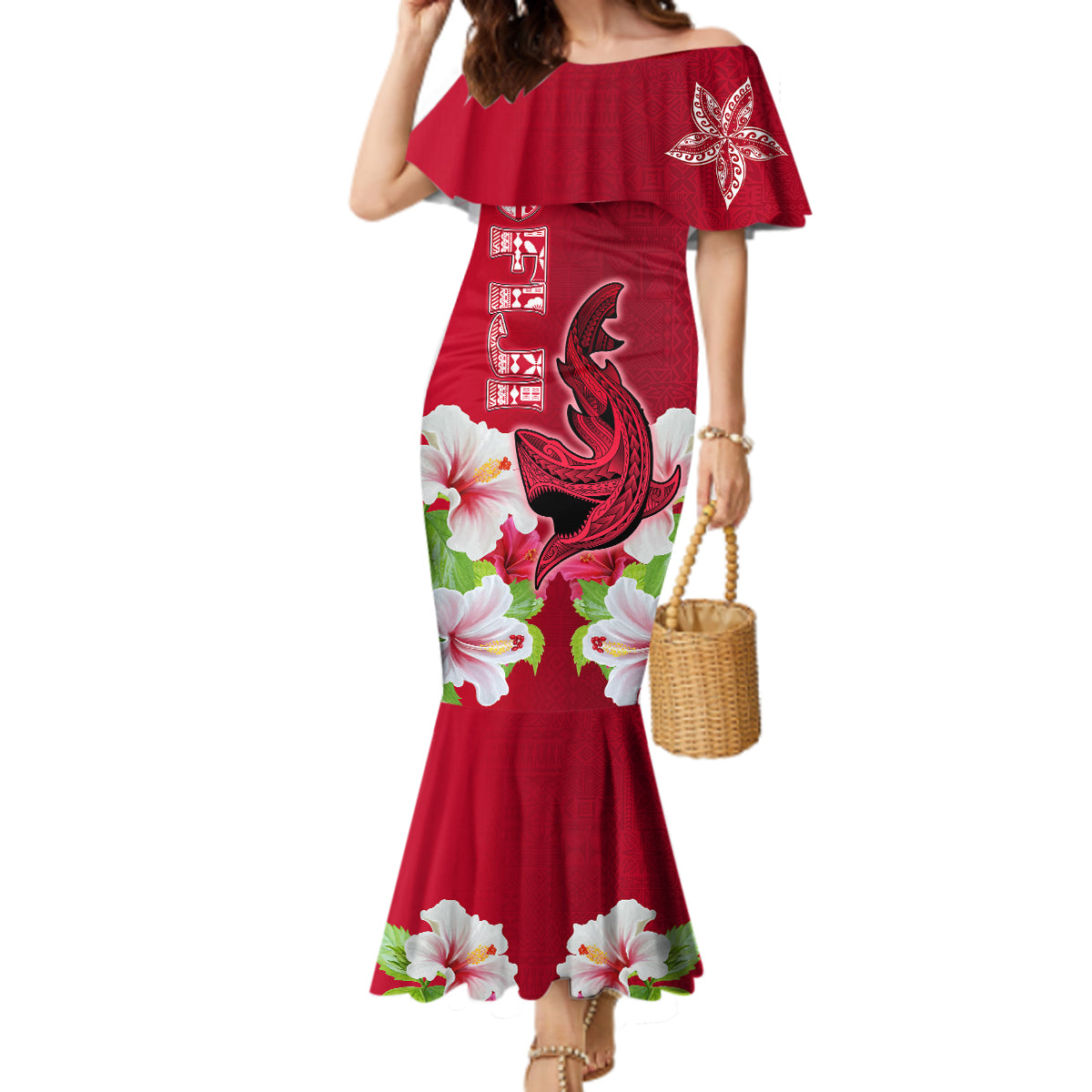 Polynesian Fiji Mermaid Dress Shark and Hibiscus Tapa Pattern Red Version LT03 Women Red - Polynesian Pride