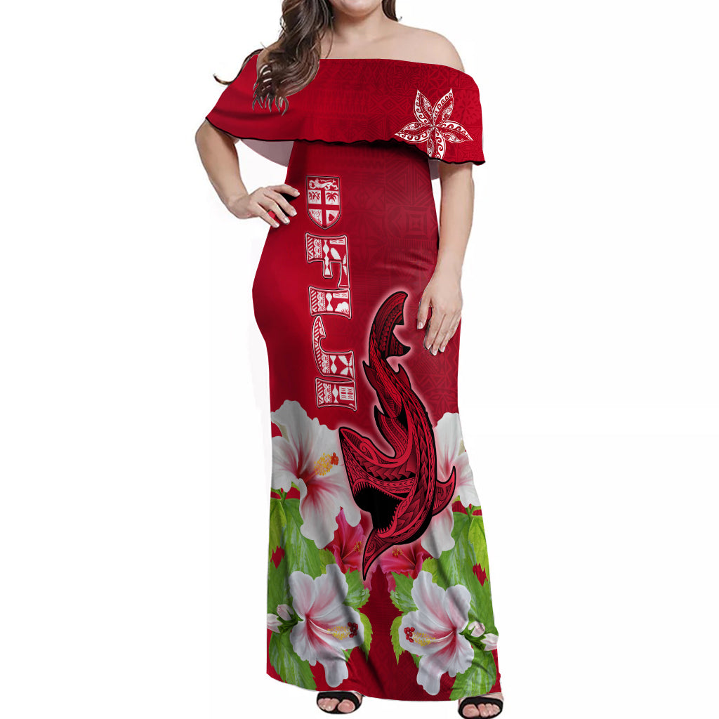 Polynesian Fiji Off Shoulder Maxi Dress Shark and Hibiscus Tapa Pattern Red Version LT03 Women Red - Polynesian Pride