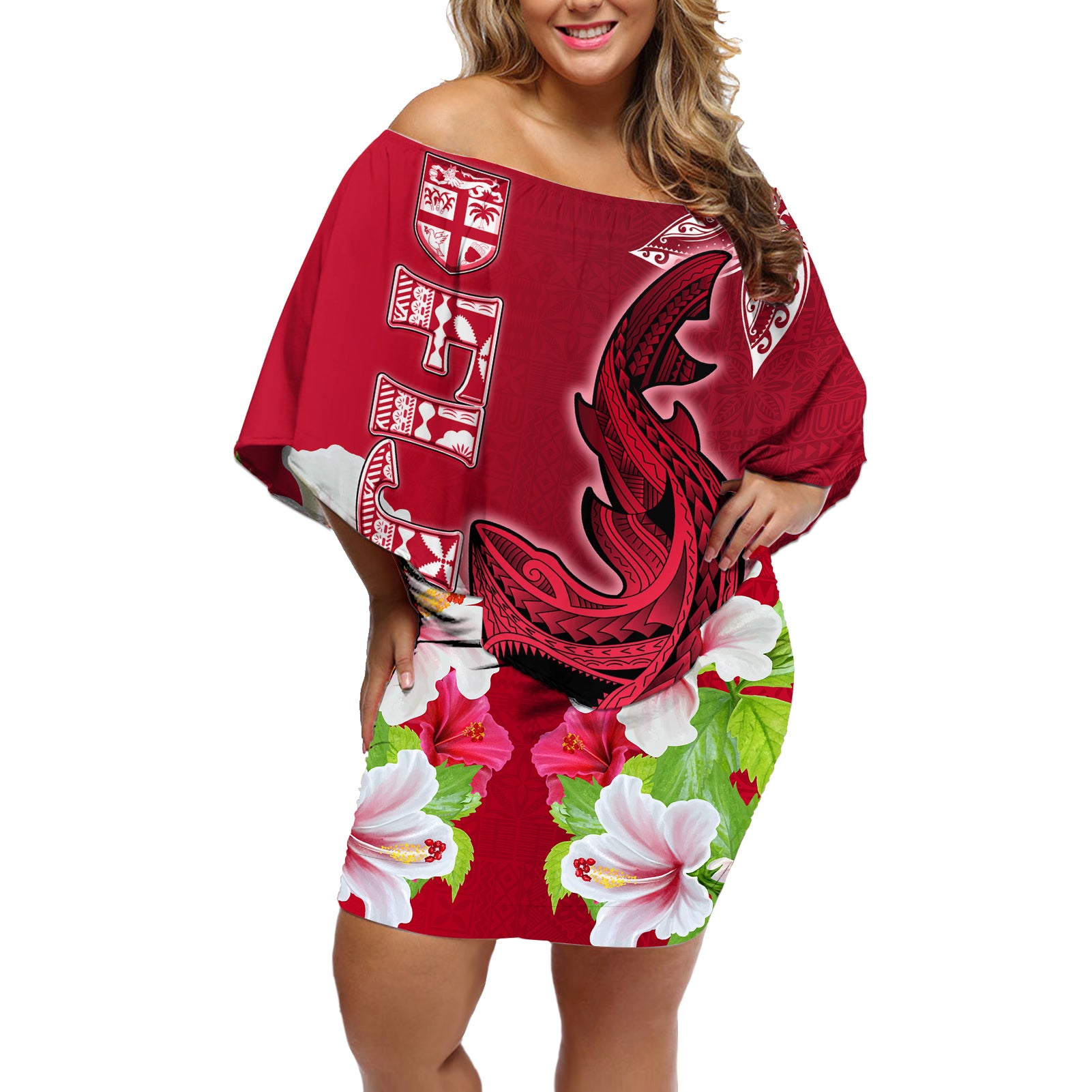 Polynesian Fiji Off Shoulder Short Dress Shark and Hibiscus Tapa Pattern Red Version LT03 Women Red - Polynesian Pride