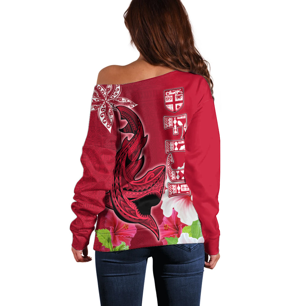 Polynesian Fiji Off Shoulder Sweater Shark and Hibiscus Tapa Pattern Red Version LT03 - Polynesian Pride