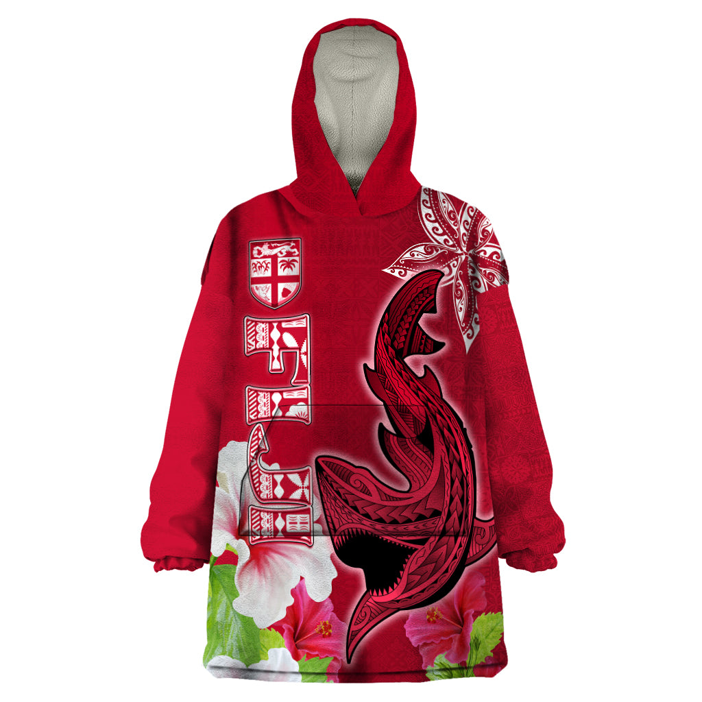 Polynesian Fiji Wearable Blanket Hoodie Shark and Hibiscus Tapa Pattern Red Version LT03 One Size Red - Polynesian Pride