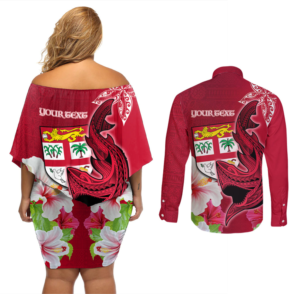 Custom Polynesian Fiji Couples Matching Off Shoulder Short Dress and Long Sleeve Button Shirts Shark and Hibiscus Tapa Pattern Red Version LT03 - Polynesian Pride