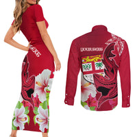 Custom Polynesian Fiji Couples Matching Short Sleeve Bodycon Dress and Long Sleeve Button Shirts Shark and Hibiscus Tapa Pattern Red Version LT03 - Polynesian Pride