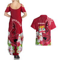 Custom Polynesian Fiji Couples Matching Summer Maxi Dress and Hawaiian Shirt Shark and Hibiscus Tapa Pattern Red Version LT03 - Polynesian Pride