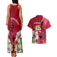 Custom Polynesian Fiji Couples Matching Tank Maxi Dress and Hawaiian Shirt Shark and Hibiscus Tapa Pattern Red Version LT03 - Polynesian Pride