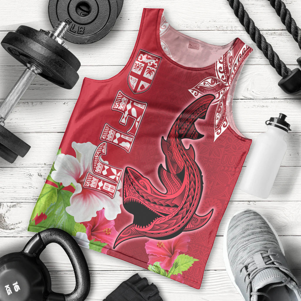 Custom Polynesian Fiji Men Tank Top Shark and Hibiscus Tapa Pattern Red Version LT03 Red - Polynesian Pride