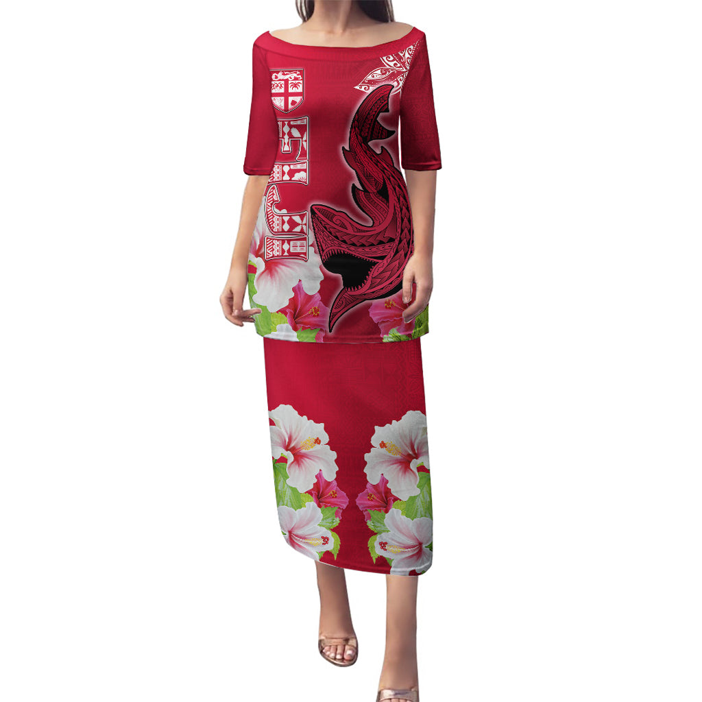 Custom Polynesian Fiji Puletasi Shark and Hibiscus Tapa Pattern Red Version LT03 Long Dress Red - Polynesian Pride
