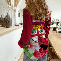 Custom Polynesian Fiji Women Casual Shirt Shark and Hibiscus Tapa Pattern Red Version LT03 - Polynesian Pride