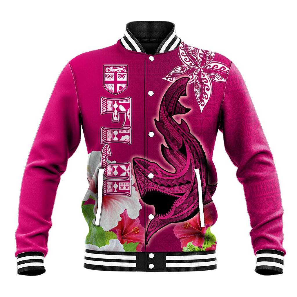 Polynesian Fiji Baseball Jacket Shark and Hibiscus Tapa Pattern Purple Version LT03 Unisex Pink - Polynesian Pride