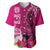 Polynesian Fiji Baseball Jersey Shark and Hibiscus Tapa Pattern Purple Version LT03 Pink - Polynesian Pride