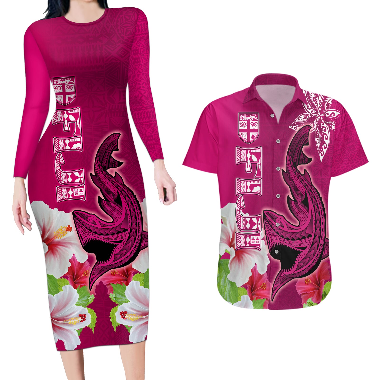 Polynesian Fiji Couples Matching Long Sleeve Bodycon Dress and Hawaiian Shirt Shark and Hibiscus Tapa Pattern Purple Version LT03 Pink - Polynesian Pride