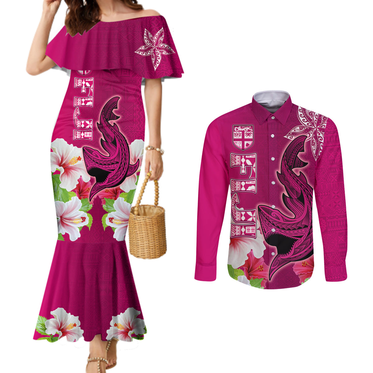 Polynesian Fiji Couples Matching Mermaid Dress and Long Sleeve Button Shirts Shark and Hibiscus Tapa Pattern Purple Version LT03 Pink - Polynesian Pride