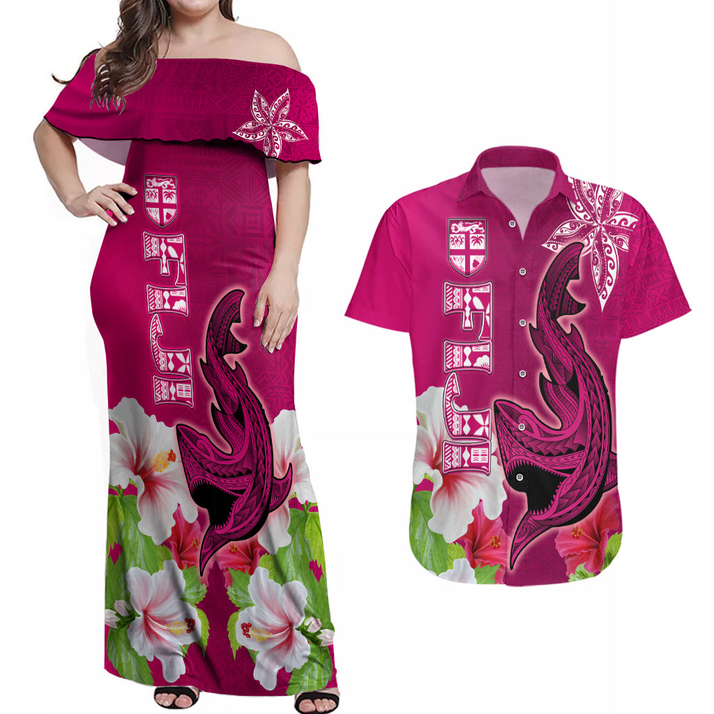 Polynesian Fiji Couples Matching Off Shoulder Maxi Dress and Hawaiian Shirt Shark and Hibiscus Tapa Pattern Purple Version LT03 Pink - Polynesian Pride