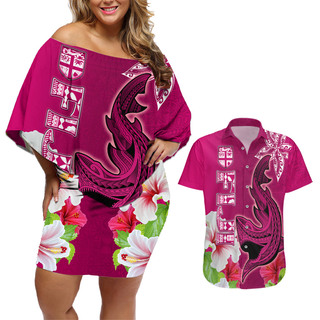 Polynesian Fiji Couples Matching Off Shoulder Short Dress and Hawaiian Shirt Shark and Hibiscus Tapa Pattern Purple Version LT03 Pink - Polynesian Pride