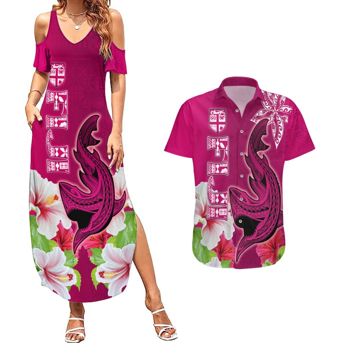 Polynesian Fiji Couples Matching Summer Maxi Dress and Hawaiian Shirt Shark and Hibiscus Tapa Pattern Purple Version LT03 Pink - Polynesian Pride