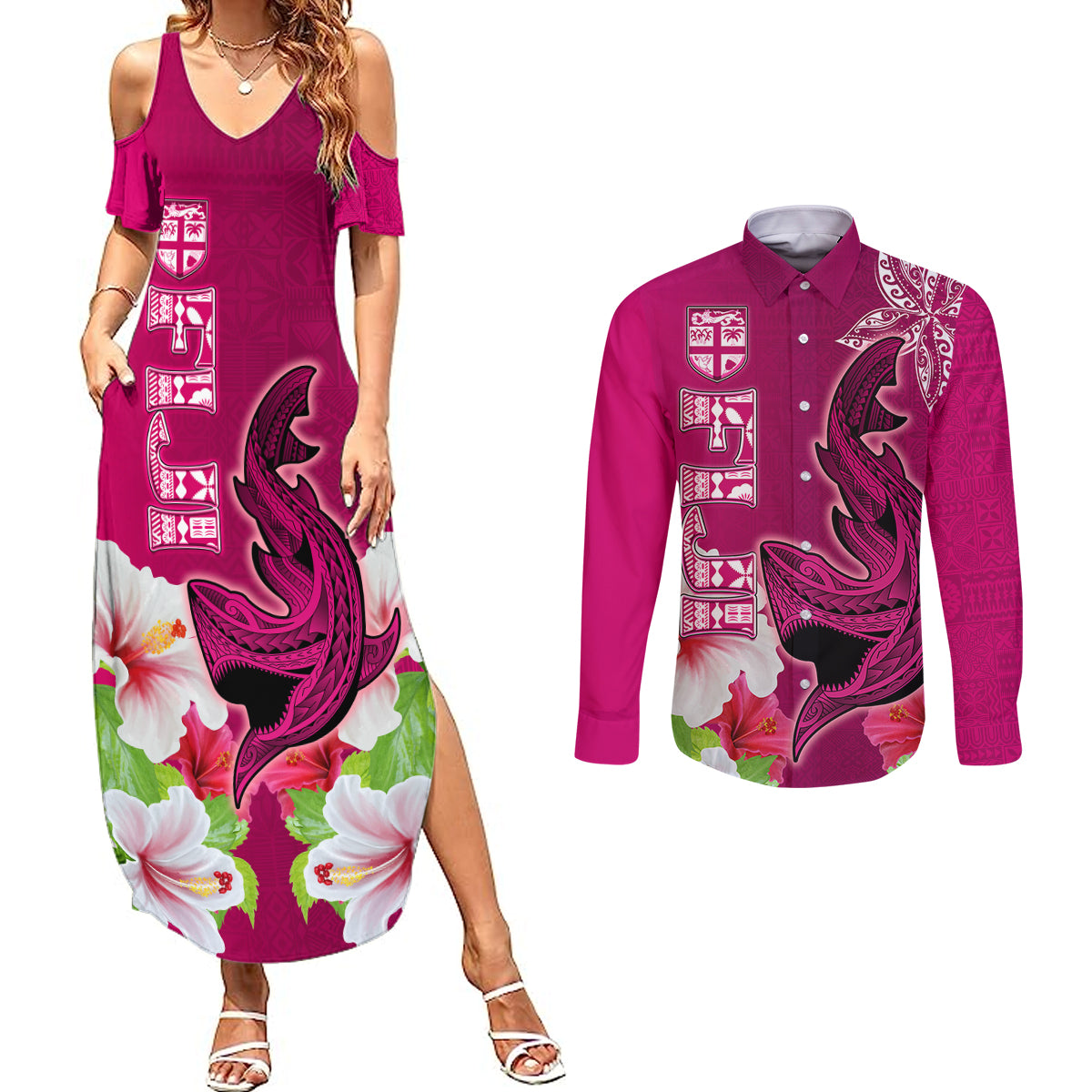 Polynesian Fiji Couples Matching Summer Maxi Dress and Long Sleeve Button Shirts Shark and Hibiscus Tapa Pattern Purple Version LT03 Pink - Polynesian Pride