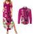 Polynesian Fiji Couples Matching Summer Maxi Dress and Long Sleeve Button Shirts Shark and Hibiscus Tapa Pattern Purple Version LT03 Pink - Polynesian Pride