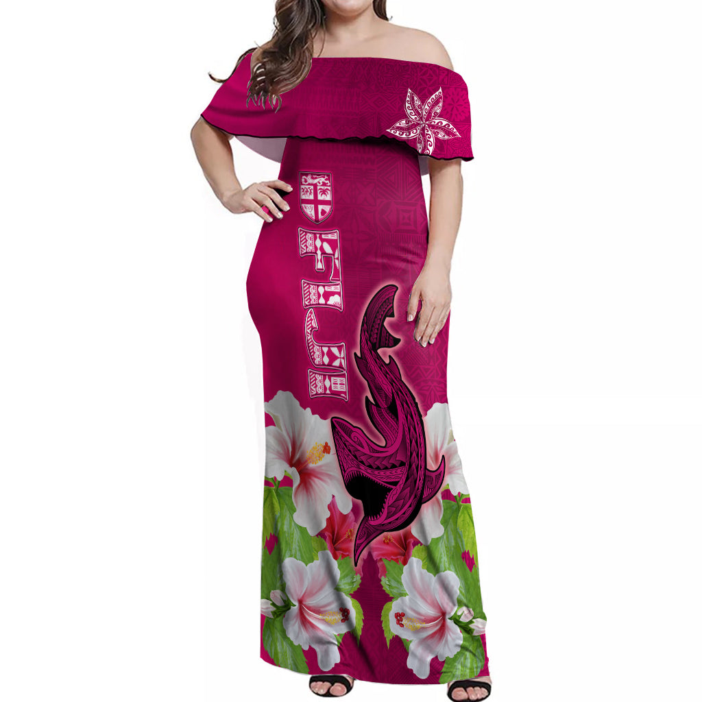 Polynesian Fiji Off Shoulder Maxi Dress Shark and Hibiscus Tapa Pattern Purple Version LT03 Women Pink - Polynesian Pride