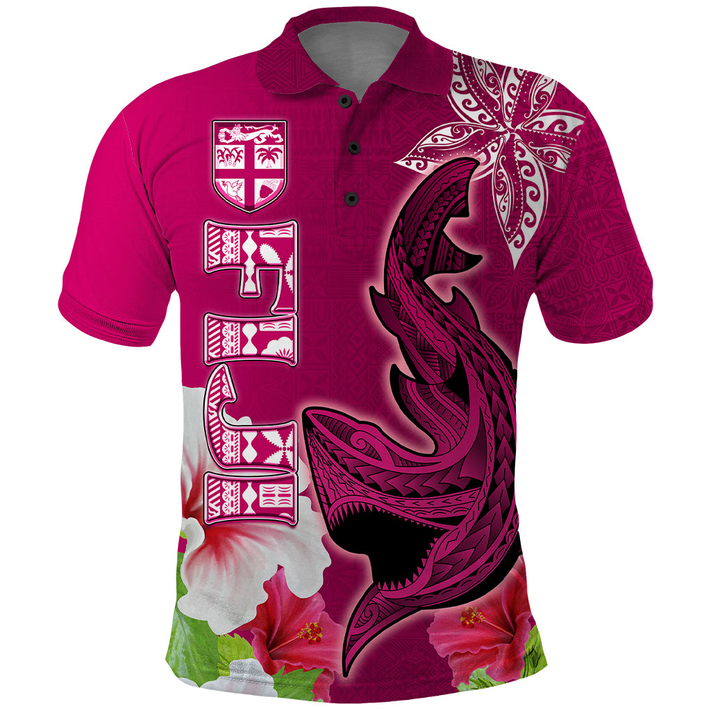 Polynesian Fiji Polo Shirt Shark and Hibiscus Tapa Pattern Purple Version LT03 Pink - Polynesian Pride