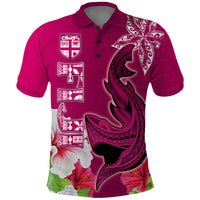 Polynesian Fiji Polo Shirt Shark and Hibiscus Tapa Pattern Purple Version LT03 Pink - Polynesian Pride