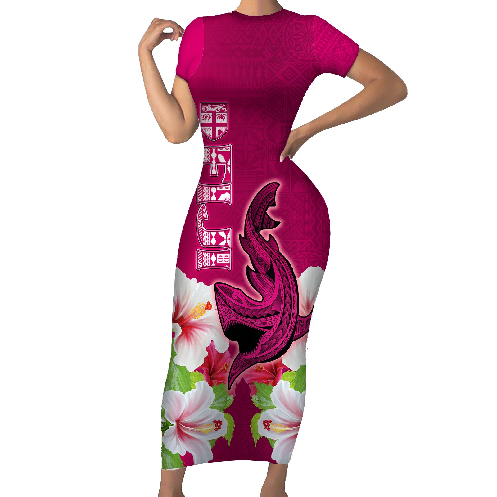 Polynesian Fiji Short Sleeve Bodycon Dress Shark and Hibiscus Tapa Pattern Purple Version LT03 Long Dress Pink - Polynesian Pride