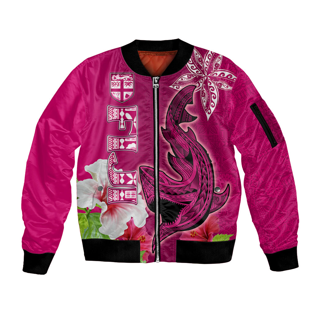 Polynesian Fiji Sleeve Zip Bomber Jacket Shark and Hibiscus Tapa Pattern Purple Version LT03 Unisex Pink - Polynesian Pride