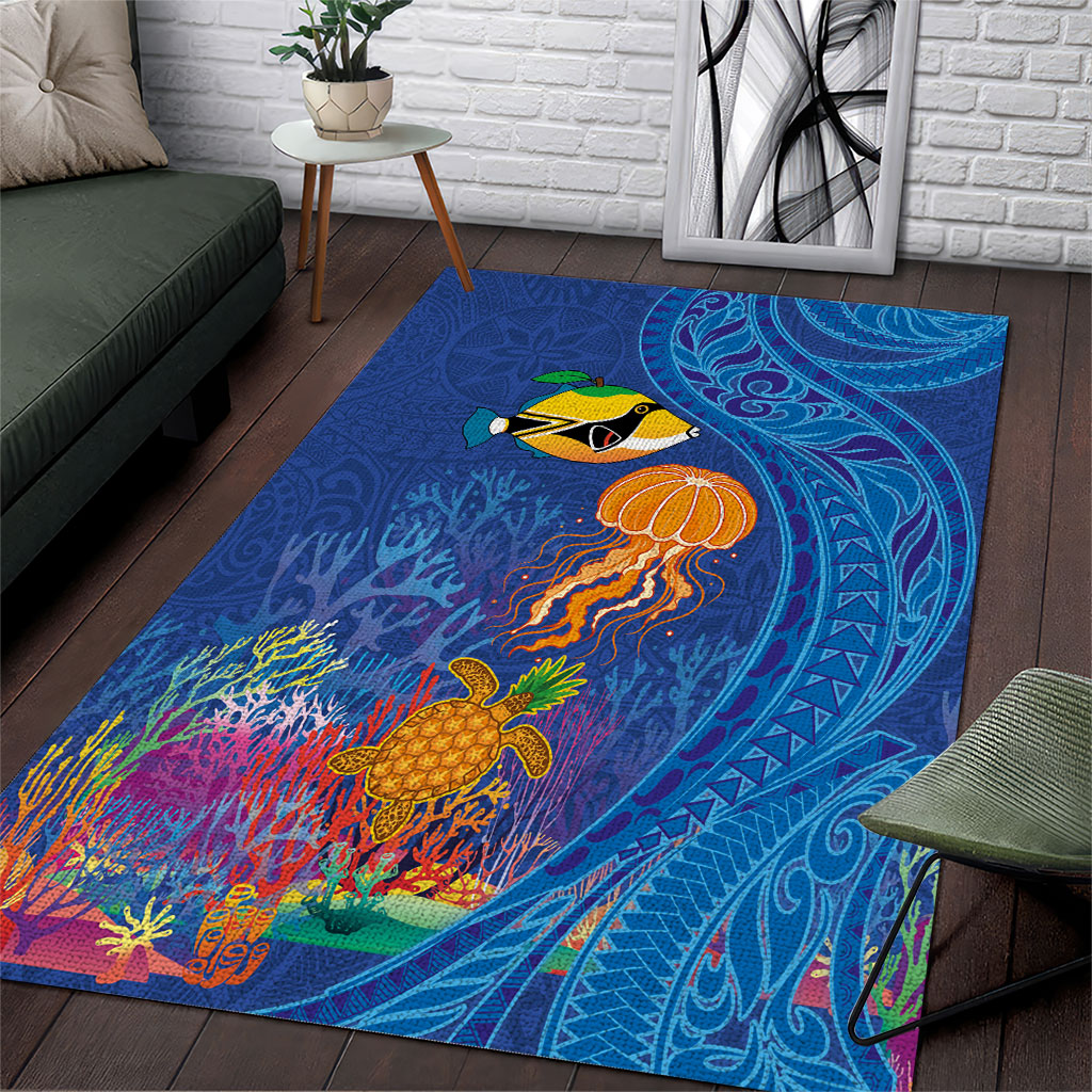 Hawaiian Funny Fruits Sea Animals Area Rug Mango Reef Triggerfish and Pineapple Turtle and Mandarin Jellyfish