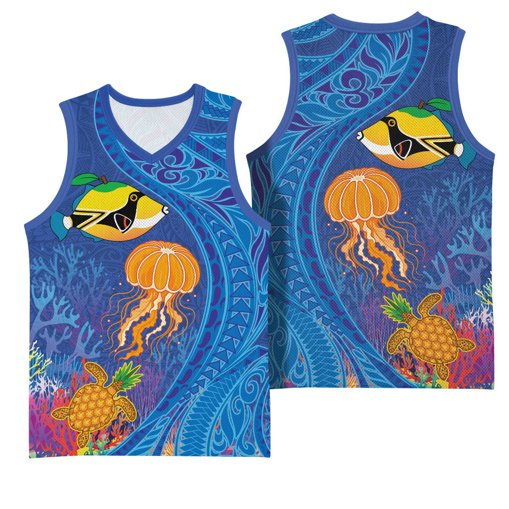 Hawaiian Funny Fruits Sea Animals Basketball Jersey Mango Reef Triggerfish and Pineapple Turtle and Mandarin Jellyfish