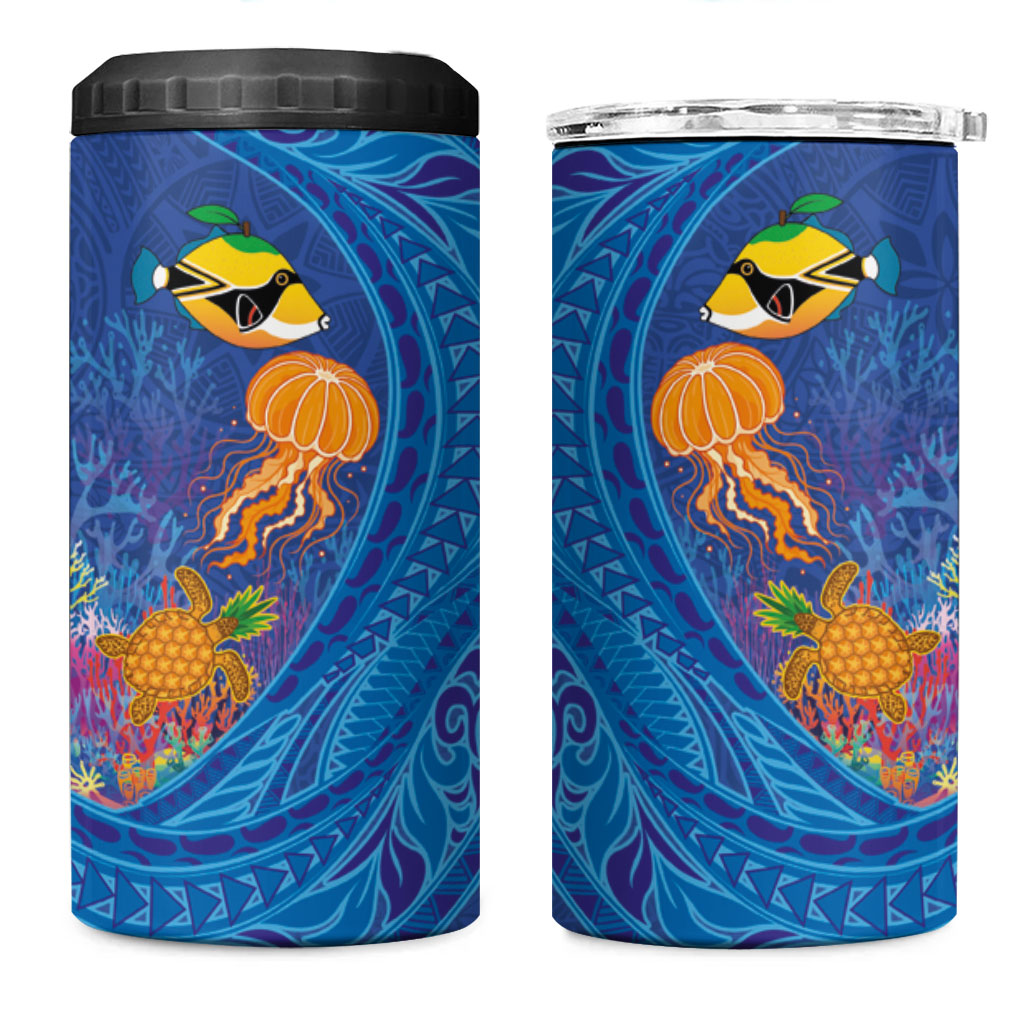 Hawaiian Funny Fruits Sea Animals 4 in 1 Can Cooler Tumbler Mango Reef Triggerfish and Pineapple Turtle and Mandarin Jellyfish
