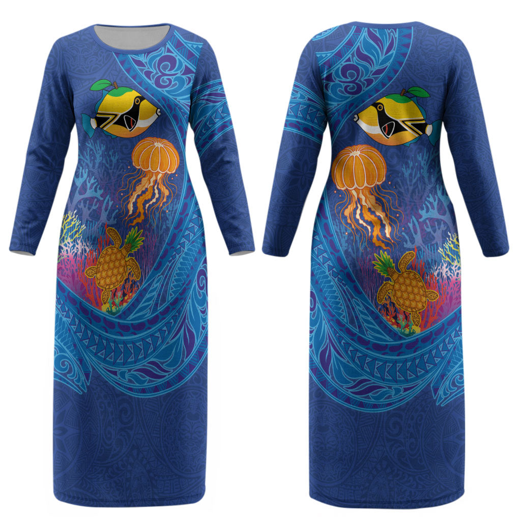 Hawaiian Funny Fruits Sea Animals Couples Matching Long Sleeve Bodycon Dress and Long Sleeve Button Shirt Mango Reef Triggerfish and Pineapple Turtle and Mandarin Jellyfish LT03 - Polynesian Pride