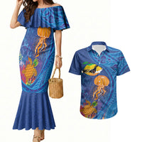 Hawaiian Funny Fruits Sea Animals Couples Matching Mermaid Dress and Hawaiian Shirt Mango Reef Triggerfish and Pineapple Turtle and Mandarin Jellyfish LT03 Blue - Polynesian Pride