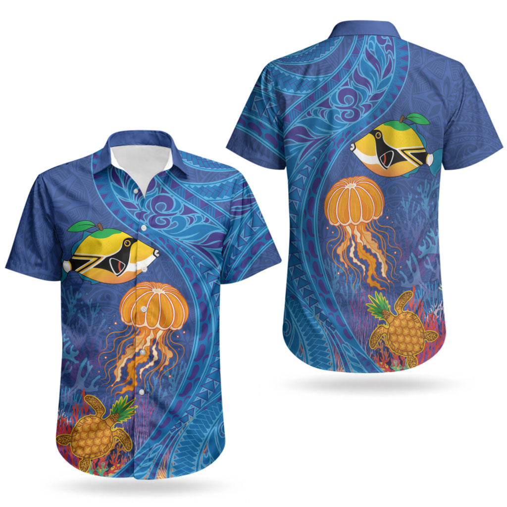 Hawaiian Funny Fruits Sea Animals Couples Matching Mermaid Dress and Hawaiian Shirt Mango Reef Triggerfish and Pineapple Turtle and Mandarin Jellyfish LT03 - Polynesian Pride