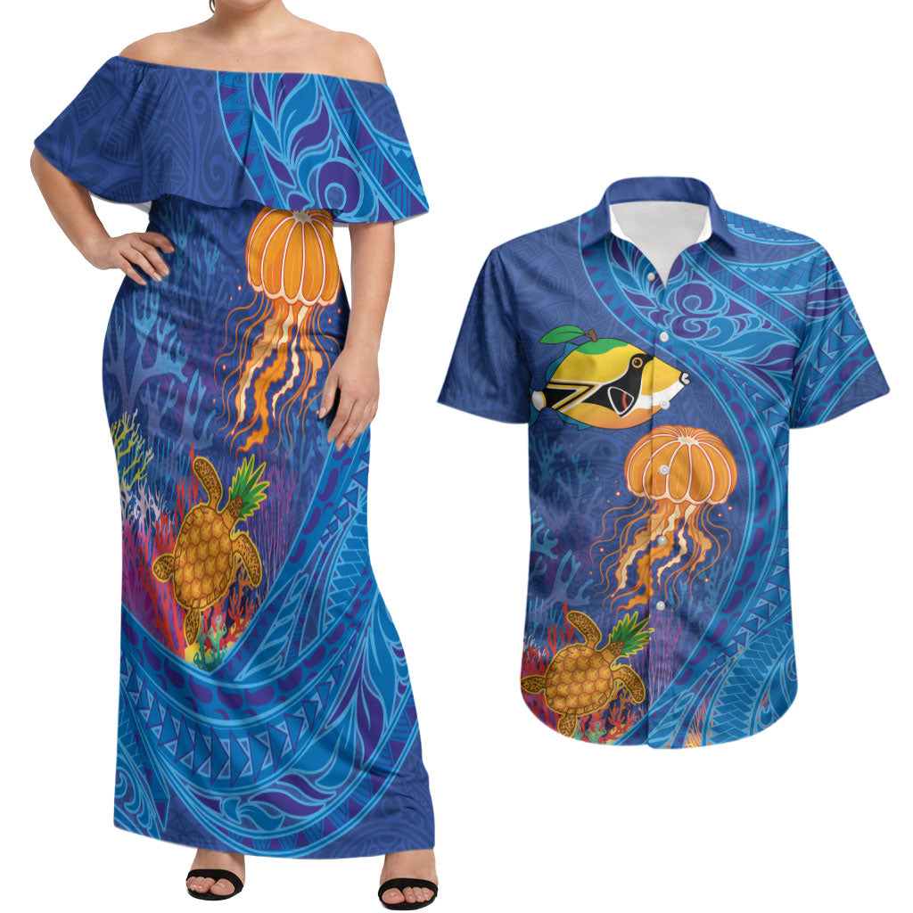 Hawaiian Funny Fruits Sea Animals Couples Matching Off Shoulder Maxi Dress and Hawaiian Shirt Mango Reef Triggerfish and Pineapple Turtle and Mandarin Jellyfish LT03 Blue - Polynesian Pride