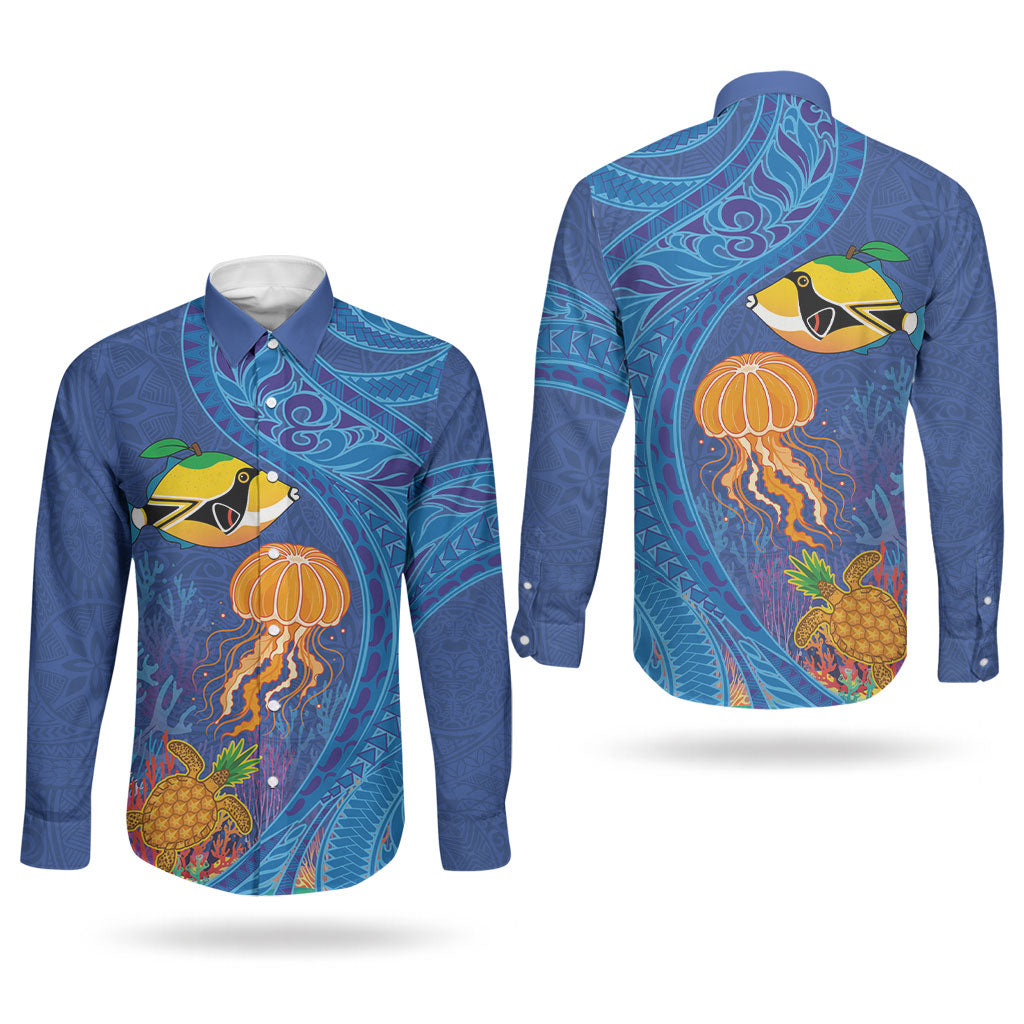 Hawaiian Funny Fruits Sea Animals Couples Matching Off The Shoulder Long Sleeve Dress and Long Sleeve Button Shirt Mango Reef Triggerfish and Pineapple Turtle and Mandarin Jellyfish LT03 - Polynesian Pride