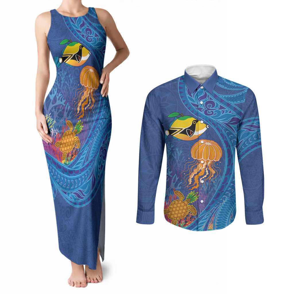 Hawaiian Funny Fruits Sea Animals Couples Matching Tank Maxi Dress and Long Sleeve Button Shirt Mango Reef Triggerfish and Pineapple Turtle and Mandarin Jellyfish LT03 Blue - Polynesian Pride