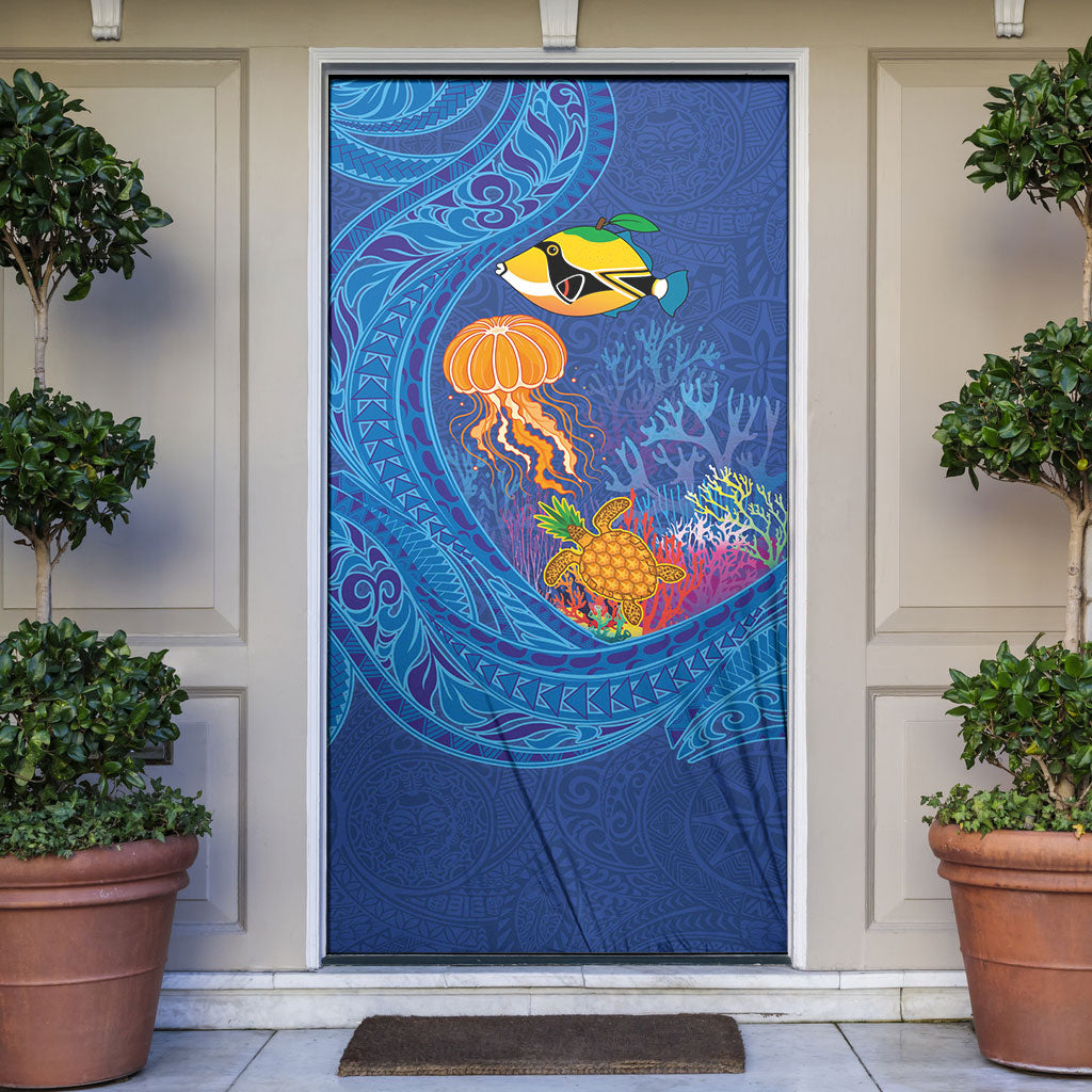 Hawaiian Funny Fruits Sea Animals Door Cover Mango Reef Triggerfish and Pineapple Turtle and Mandarin Jellyfish