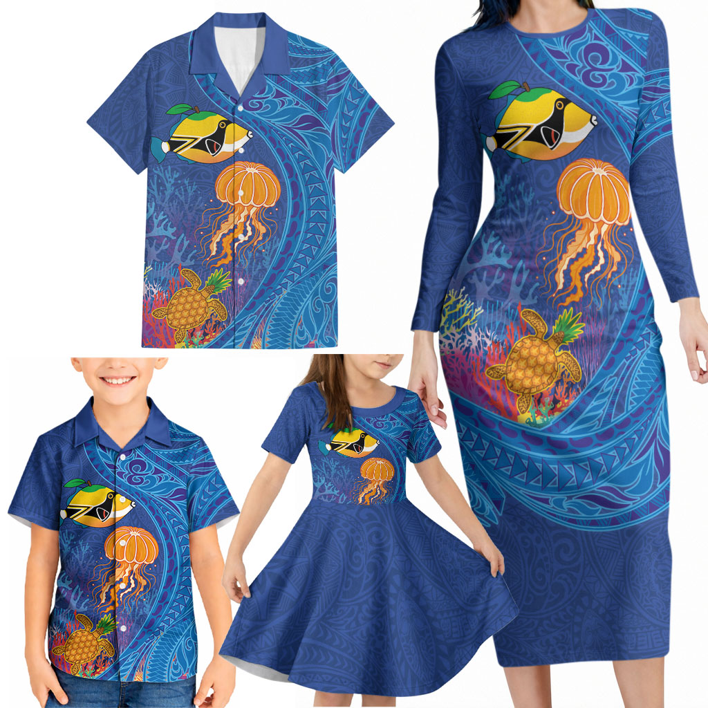 Hawaiian Funny Fruits Sea Animals Family Matching Long Sleeve Bodycon Dress and Hawaiian Shirt Mango Reef Triggerfish and Pineapple Turtle and Mandarin Jellyfish LT03 - Polynesian Pride