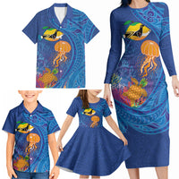 Hawaiian Funny Fruits Sea Animals Family Matching Long Sleeve Bodycon Dress and Hawaiian Shirt Mango Reef Triggerfish and Pineapple Turtle and Mandarin Jellyfish LT03 - Polynesian Pride