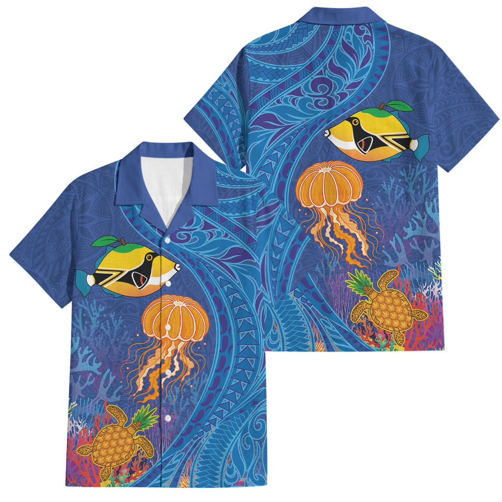 Hawaiian Funny Fruits Sea Animals Family Matching Long Sleeve Bodycon Dress and Hawaiian Shirt Mango Reef Triggerfish and Pineapple Turtle and Mandarin Jellyfish LT03 Dad's Shirt - Short Sleeve Blue - Polynesian Pride