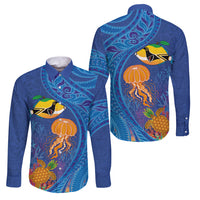 Hawaiian Funny Fruits Sea Animals Family Matching Long Sleeve Bodycon Dress and Hawaiian Shirt Mango Reef Triggerfish and Pineapple Turtle and Mandarin Jellyfish LT03 Dad's Shirt - Long Sleeve Blue - Polynesian Pride