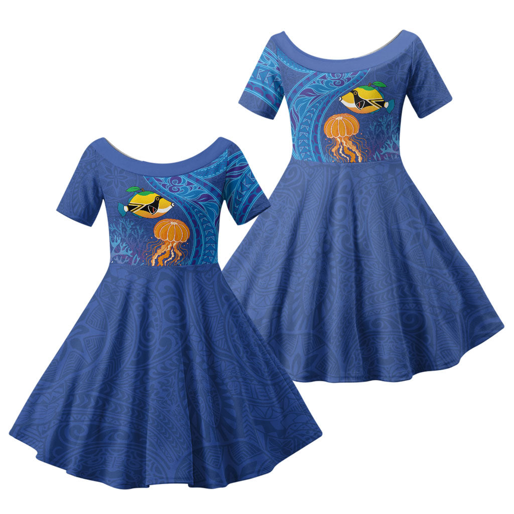 Hawaiian Funny Fruits Sea Animals Family Matching Long Sleeve Bodycon Dress and Hawaiian Shirt Mango Reef Triggerfish and Pineapple Turtle and Mandarin Jellyfish LT03 Daughter's Dress Blue - Polynesian Pride