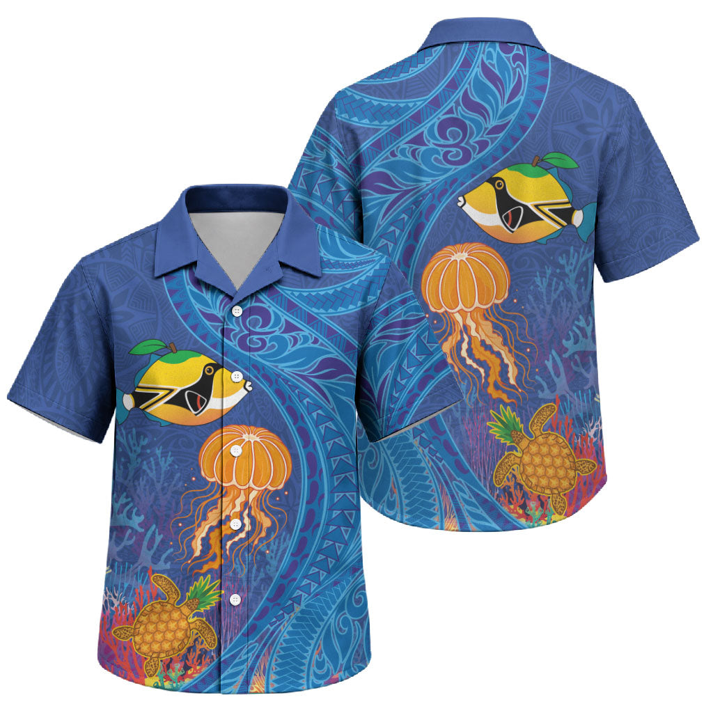 Hawaiian Funny Fruits Sea Animals Family Matching Long Sleeve Bodycon Dress and Hawaiian Shirt Mango Reef Triggerfish and Pineapple Turtle and Mandarin Jellyfish LT03 Son's Shirt Blue - Polynesian Pride
