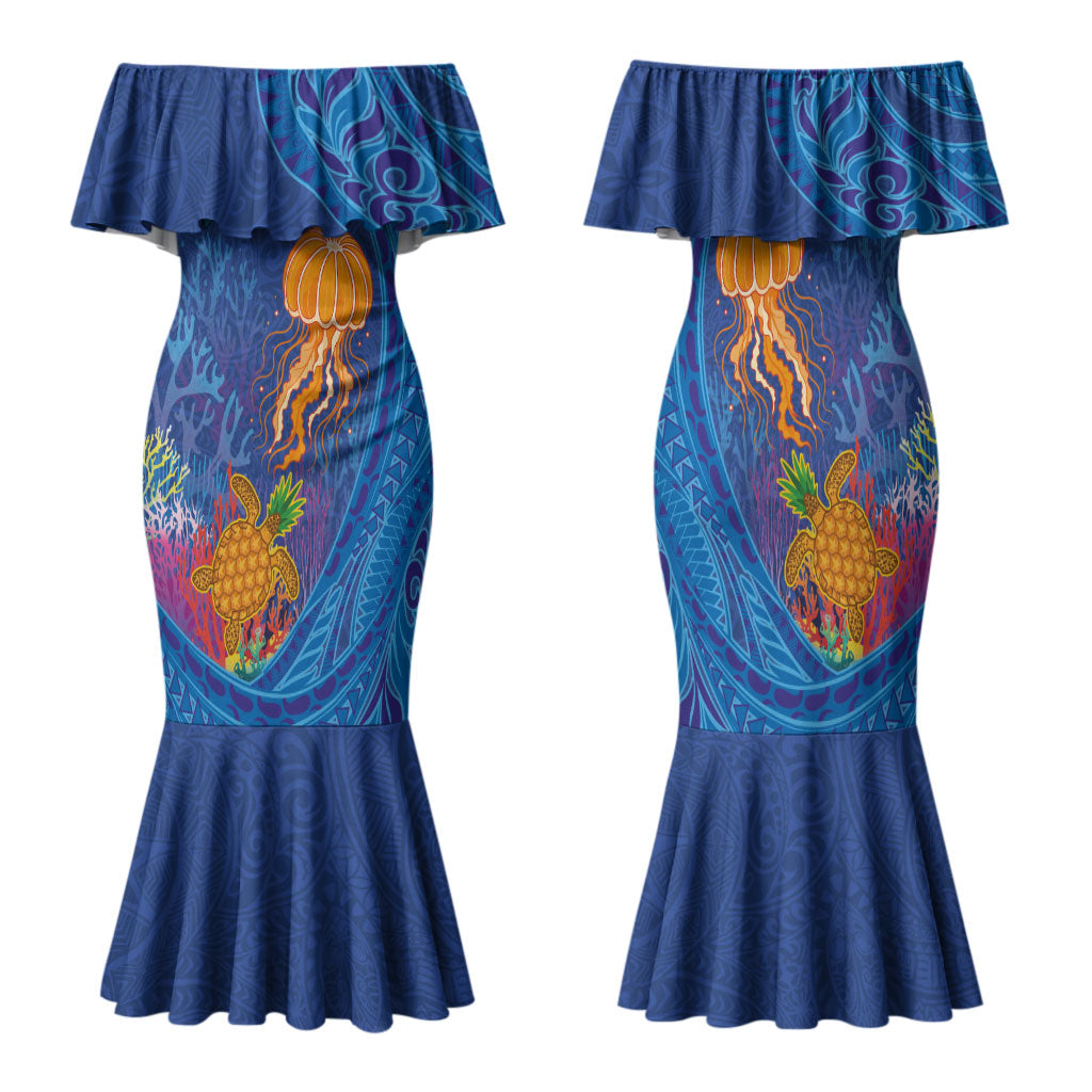 Hawaiian Funny Fruits Sea Animals Family Matching Mermaid Dress and Hawaiian Shirt Mango Reef Triggerfish and Pineapple Turtle and Mandarin Jellyfish LT03 Mom's Dress Blue - Polynesian Pride