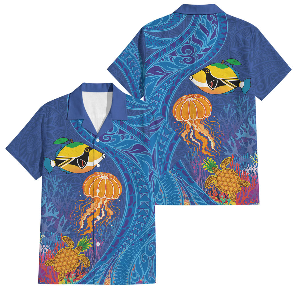 Hawaiian Funny Fruits Sea Animals Family Matching Mermaid Dress and Hawaiian Shirt Mango Reef Triggerfish and Pineapple Turtle and Mandarin Jellyfish LT03 Dad's Shirt - Short Sleeve Blue - Polynesian Pride