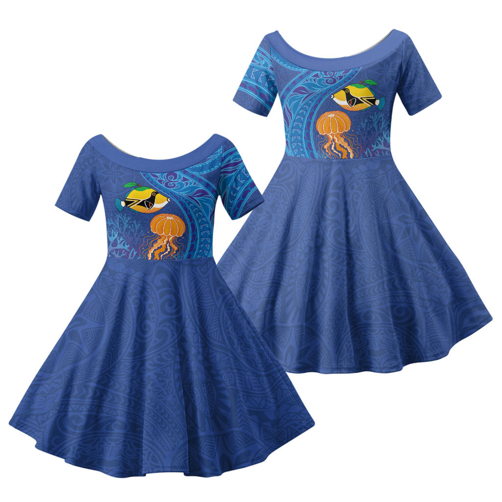 Hawaiian Funny Fruits Sea Animals Family Matching Mermaid Dress and Hawaiian Shirt Mango Reef Triggerfish and Pineapple Turtle and Mandarin Jellyfish LT03 Daughter's Dress Blue - Polynesian Pride