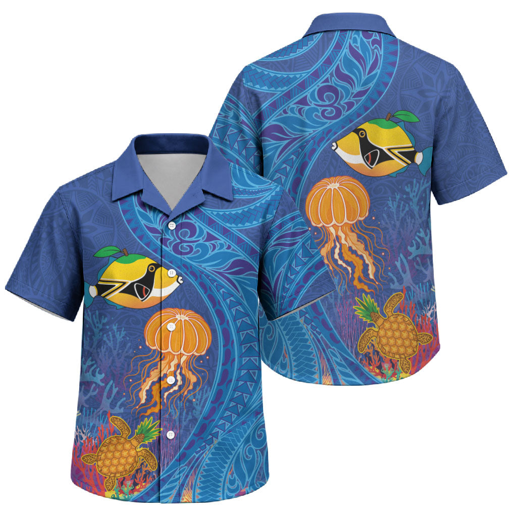 Hawaiian Funny Fruits Sea Animals Family Matching Mermaid Dress and Hawaiian Shirt Mango Reef Triggerfish and Pineapple Turtle and Mandarin Jellyfish LT03 Son's Shirt Blue - Polynesian Pride