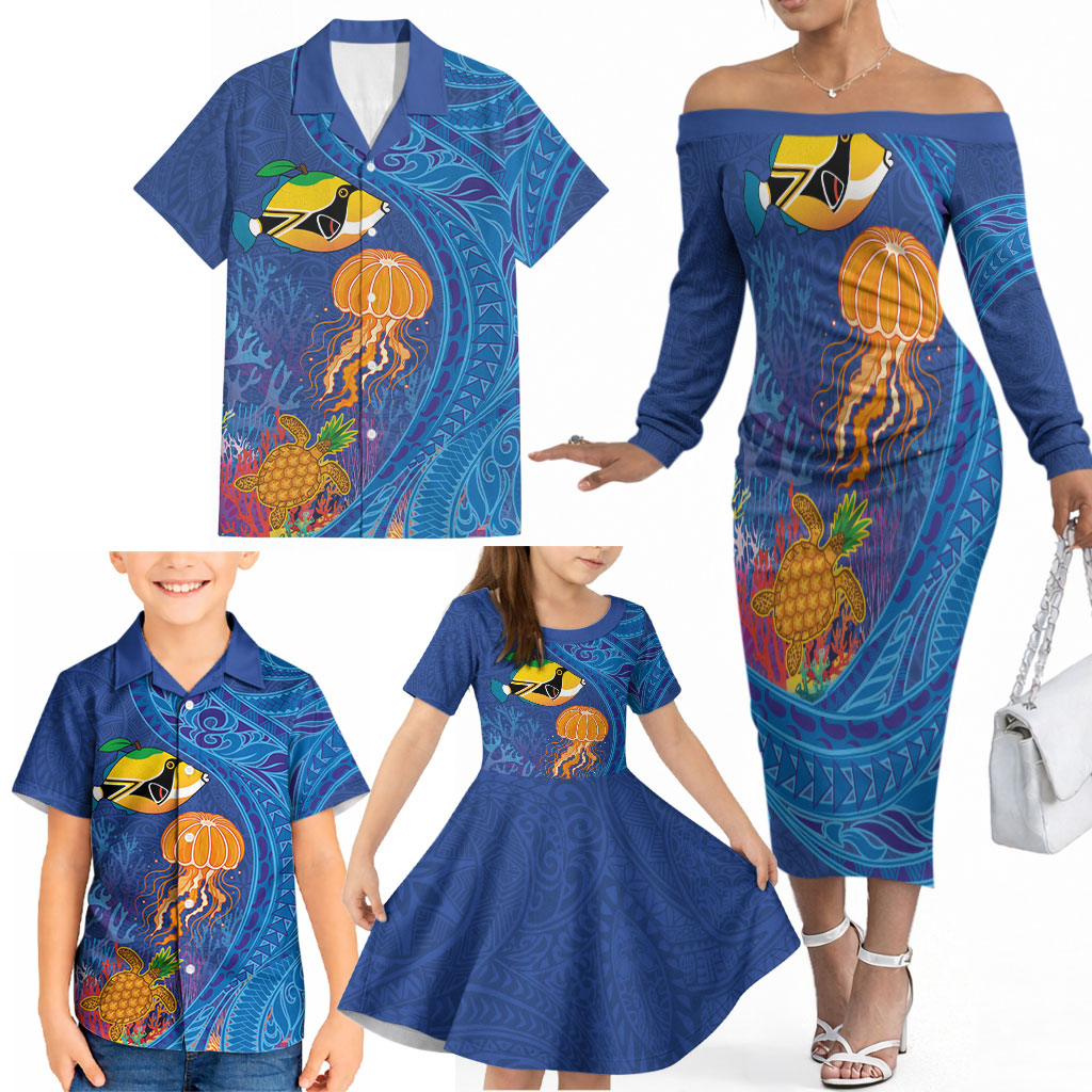 Hawaiian Funny Fruits Sea Animals Family Matching Off The Shoulder Long Sleeve Dress and Hawaiian Shirt Mango Reef Triggerfish and Pineapple Turtle and Mandarin Jellyfish LT03 - Polynesian Pride